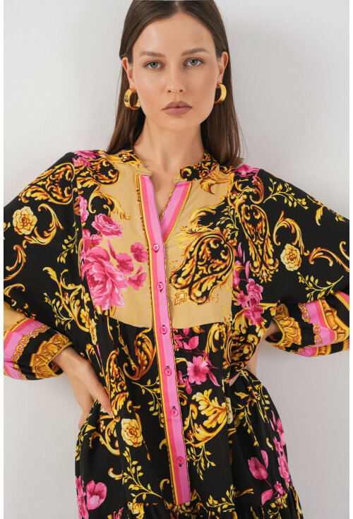 Kadın Desenli Uzun Tesettür Elbise 2585