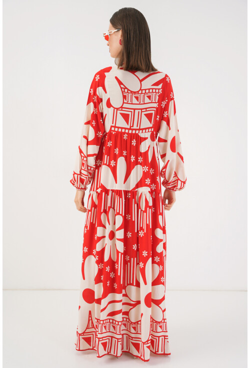 Kadın Desenli Uzun Tesettür Elbise 2585