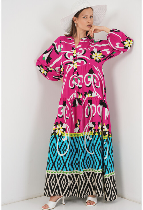 Kadın Desenli Uzun Tesettür Elbise 2585