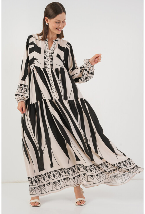 Kadın Desenli Uzun Tesettür Elbise 2585