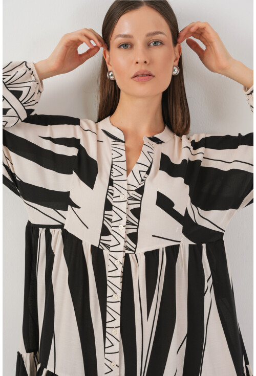 Kadın Desenli Uzun Tesettür Elbise 2585