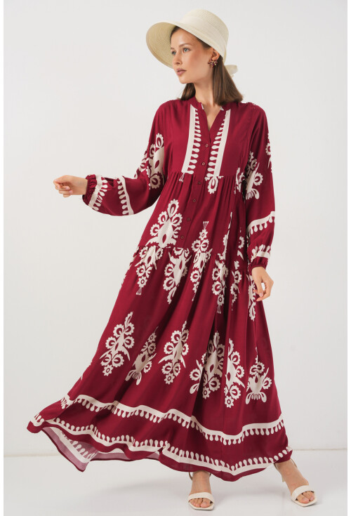 Kadın Desenli Uzun Tesettür Elbise 2585