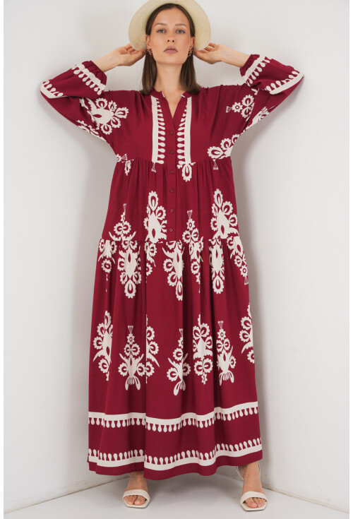 Kadın Desenli Uzun Tesettür Elbise 2585