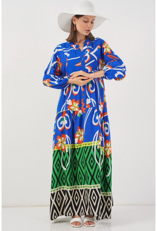 Kadın Desenli Uzun Tesettür Elbise 2585