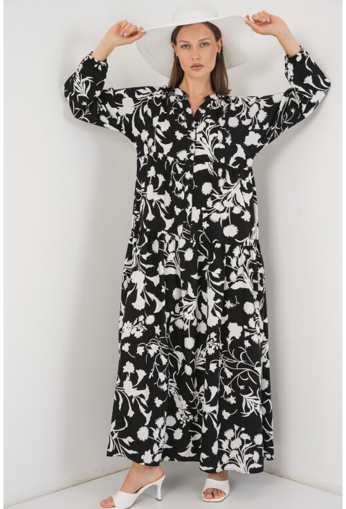 Kadın Desenli Uzun Tesettür Elbise 2585