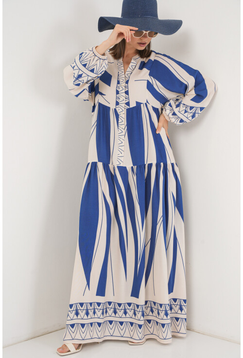 Kadın Desenli Uzun Tesettür Elbise 2585