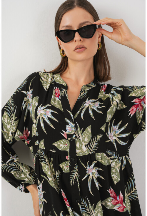 Kadın Desenli Uzun Tesettür Elbise 2585