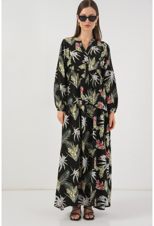 Kadın Desenli Uzun Tesettür Elbise 2585