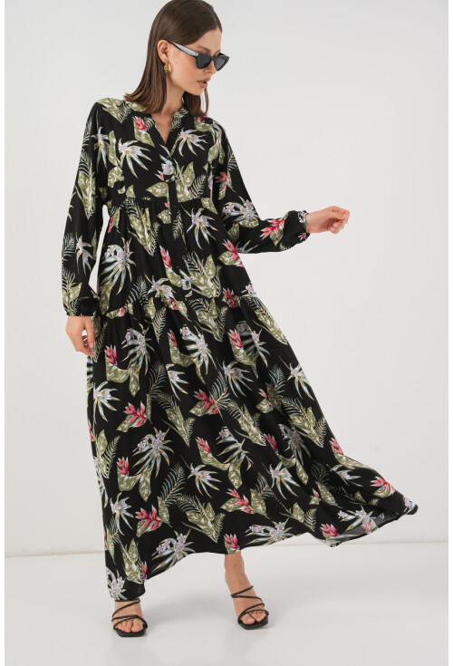 Kadın Desenli Uzun Tesettür Elbise 2585