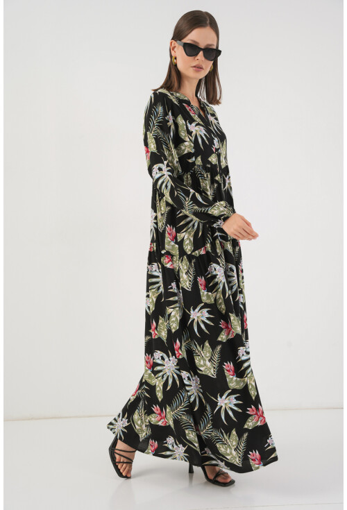 Kadın Desenli Uzun Tesettür Elbise 2585