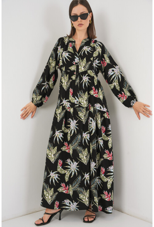 Kadın Desenli Uzun Tesettür Elbise 2585