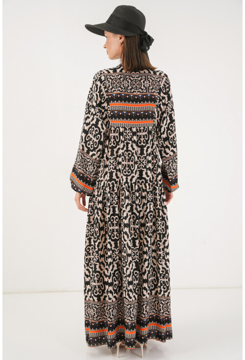 Kadın Desenli Uzun Tesettür Elbise 2585