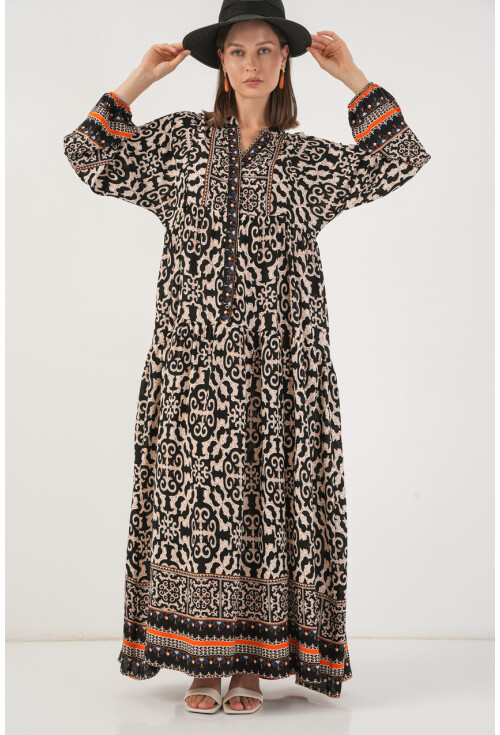 Kadın Desenli Uzun Tesettür Elbise 2585