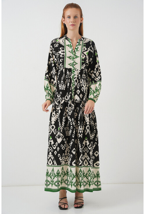 Kadın Desenli Uzun Tesettür Elbise 2585