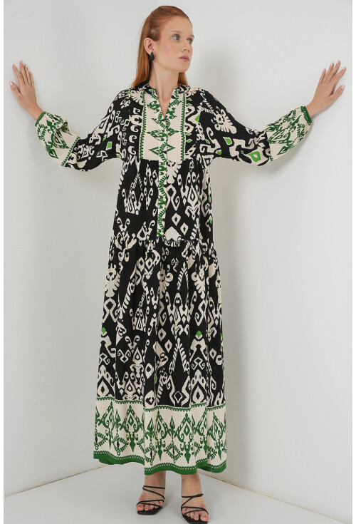 Kadın Desenli Uzun Tesettür Elbise 2585