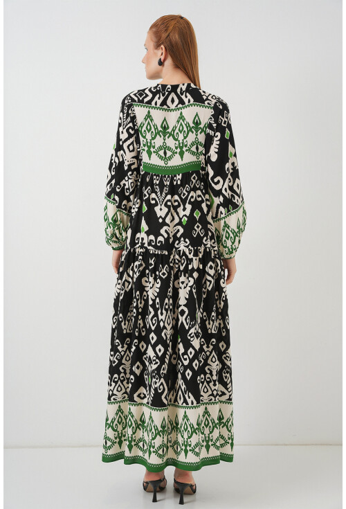 Kadın Desenli Uzun Tesettür Elbise 2585