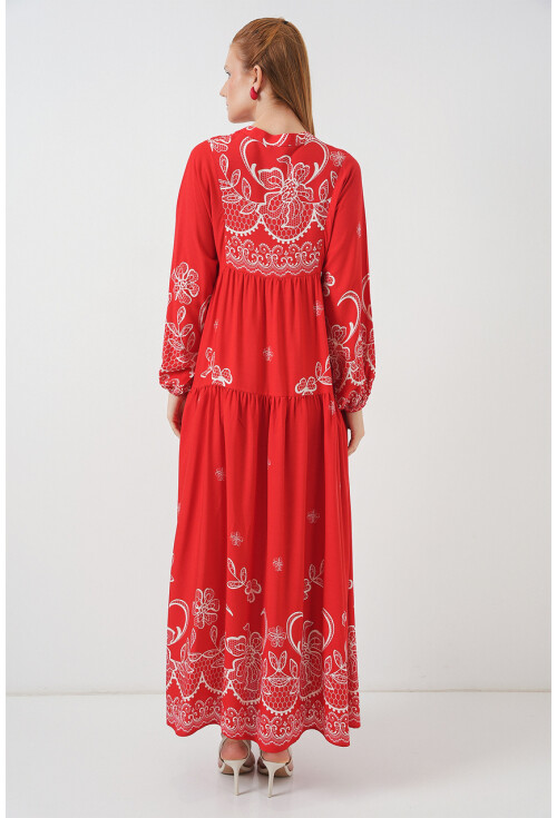 Kadın Desenli Uzun Tesettür Elbise 2585