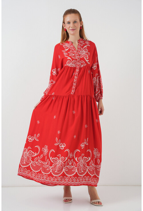 Kadın Desenli Uzun Tesettür Elbise 2585