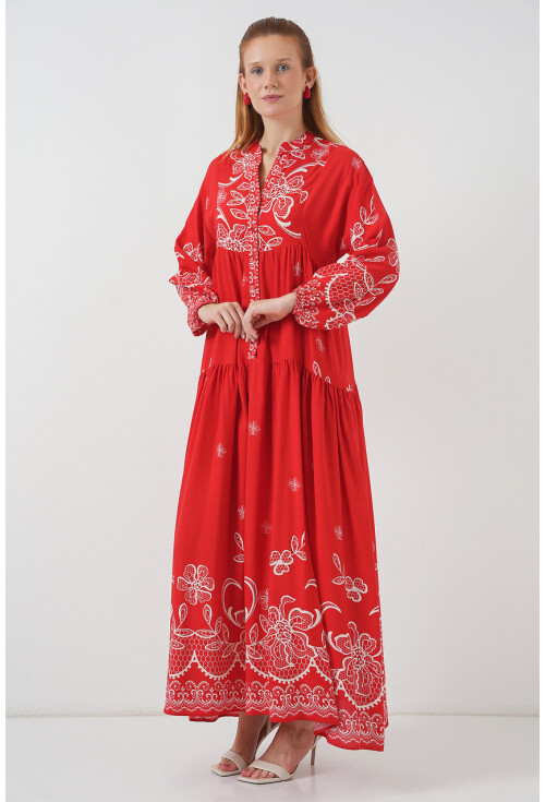 Kadın Desenli Uzun Tesettür Elbise 2585