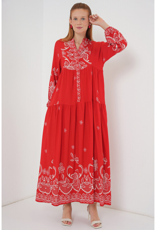 Kadın Desenli Uzun Tesettür Elbise 2585