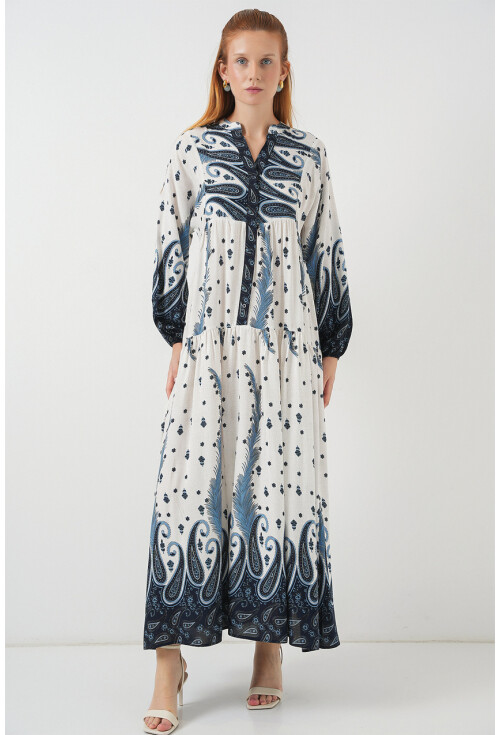 Kadın Desenli Uzun Tesettür Elbise 2585