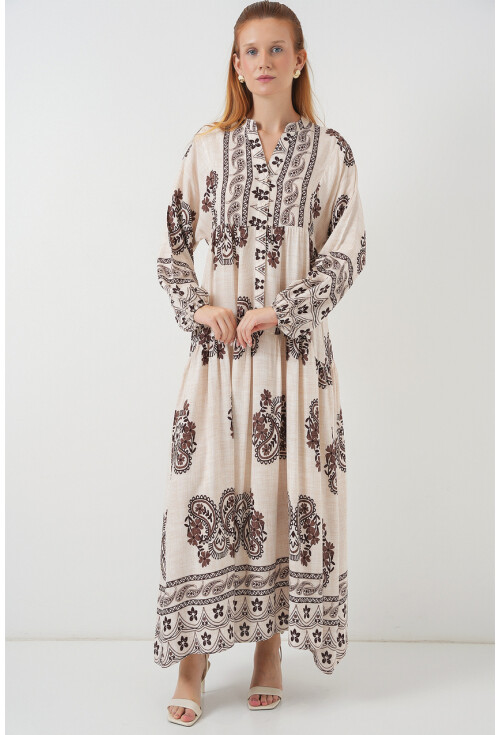 Kadın Desenli Uzun Tesettür Elbise 2585