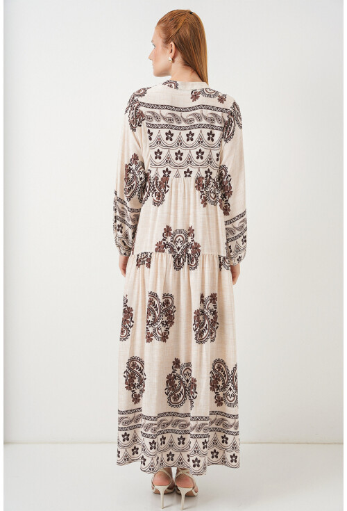 Kadın Desenli Uzun Tesettür Elbise 2585