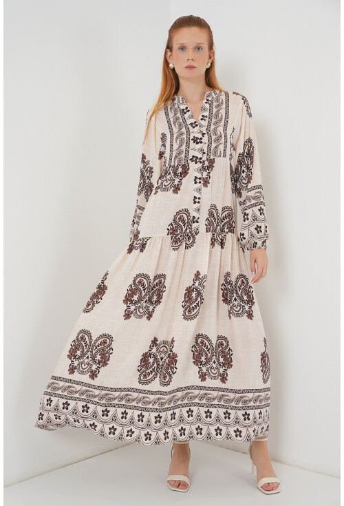 Kadın Desenli Uzun Tesettür Elbise 2585