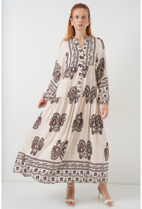 Kadın Desenli Uzun Tesettür Elbise 2585