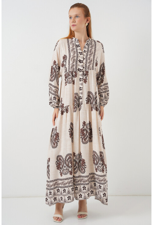 Kadın Desenli Uzun Tesettür Elbise 2585