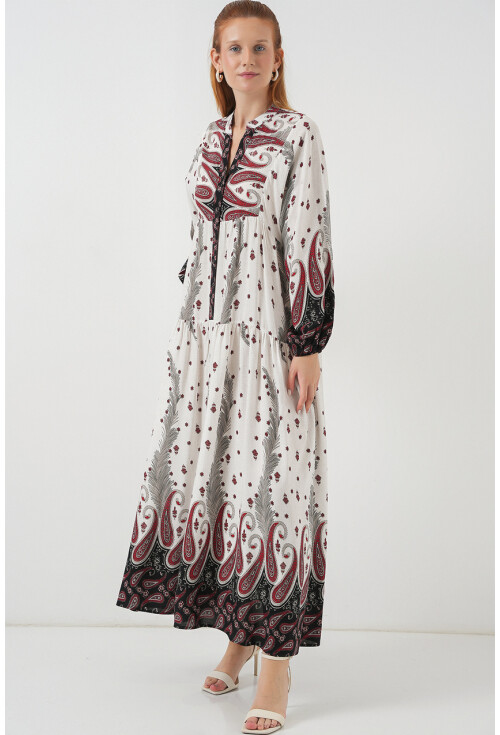 Kadın Desenli Uzun Tesettür Elbise 2585