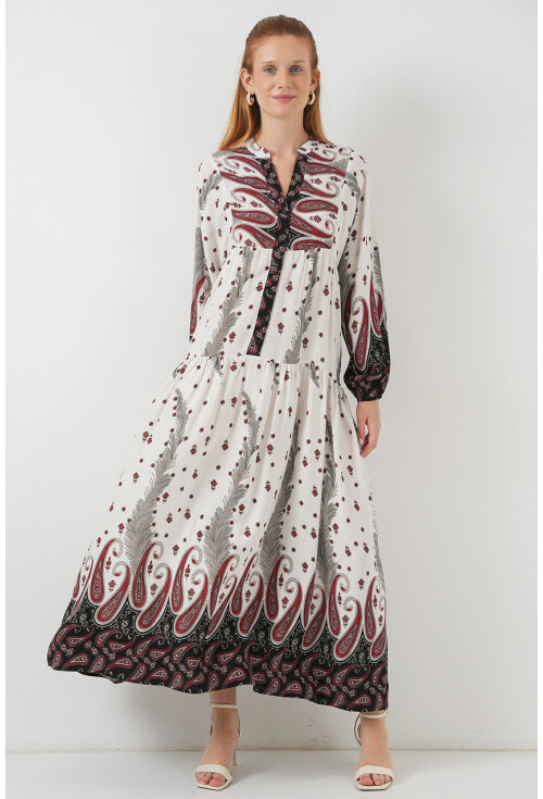 Kadın Desenli Uzun Tesettür Elbise 2585
