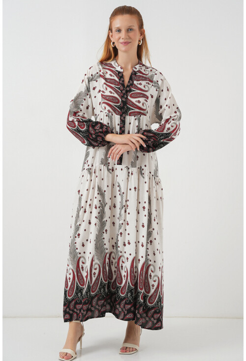 Kadın Desenli Uzun Tesettür Elbise 2585