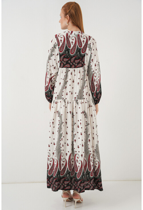 Kadın Desenli Uzun Tesettür Elbise 2585