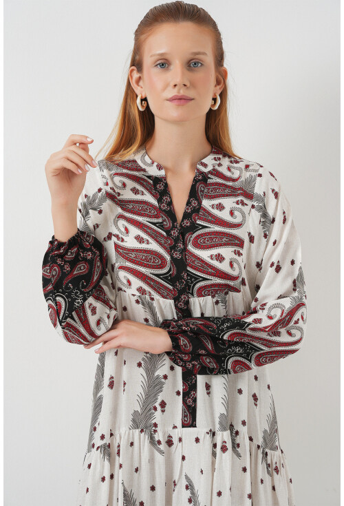 Kadın Desenli Uzun Tesettür Elbise 2585