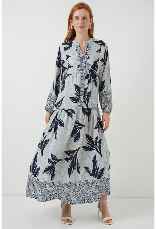 Kadın Desenli Uzun Tesettür Elbise 2585