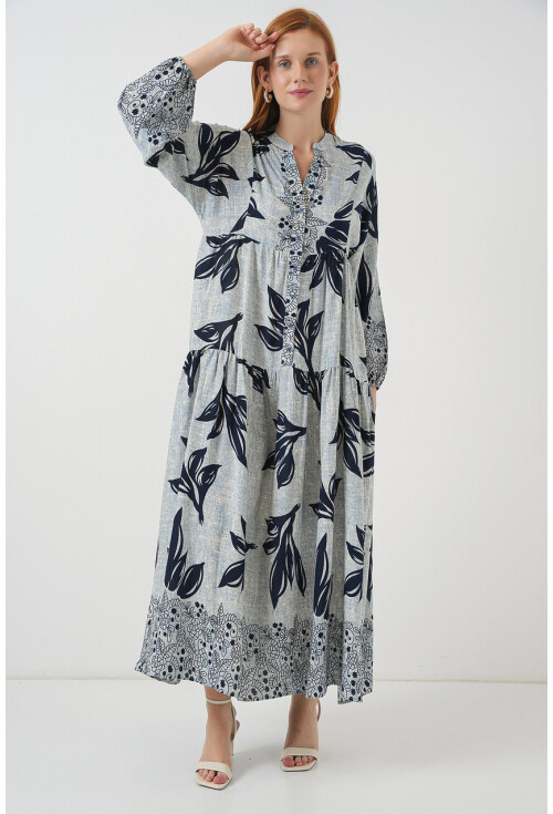 Kadın Desenli Uzun Tesettür Elbise 2585