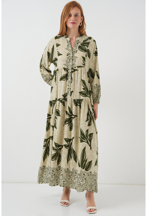 Kadın Desenli Uzun Tesettür Elbise 2585