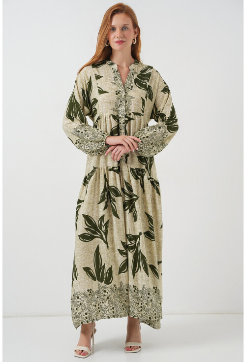 Kadın Desenli Uzun Tesettür Elbise 2585