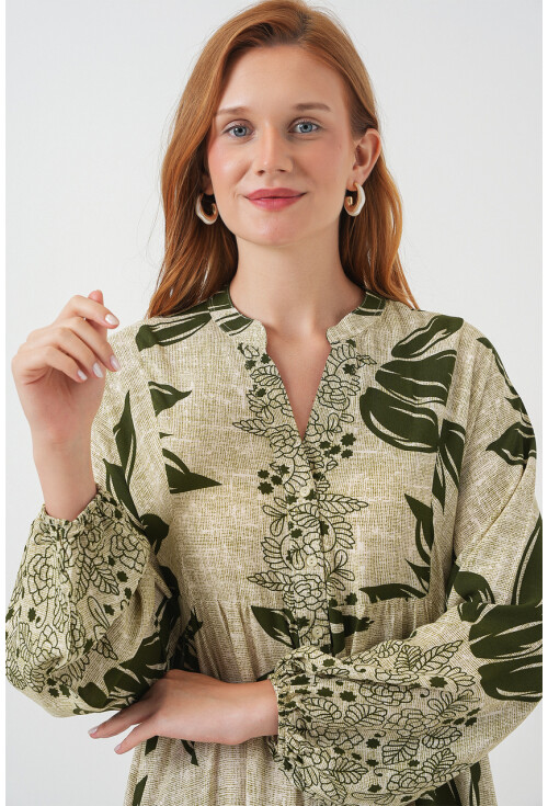 Kadın Desenli Uzun Tesettür Elbise 2585