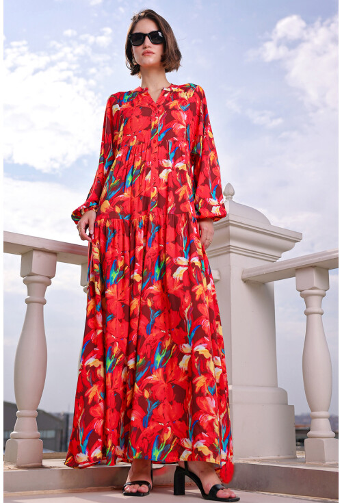 Kadın Desenli Uzun Tesettür Elbise 2585