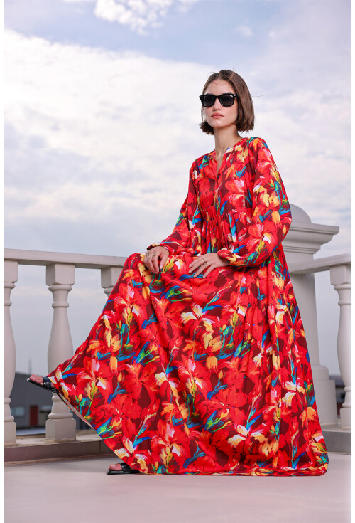 Kadın Desenli Uzun Tesettür Elbise 2585