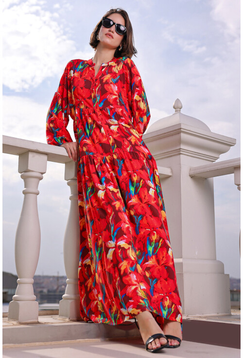 Kadın Desenli Uzun Tesettür Elbise 2585