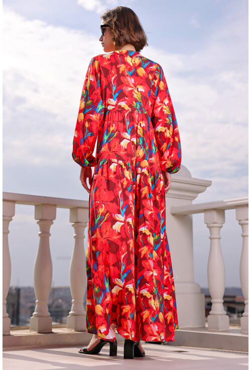 Kadın Desenli Uzun Tesettür Elbise 2585