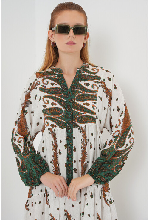 Kadın Desenli Uzun Tesettür Elbise 2585