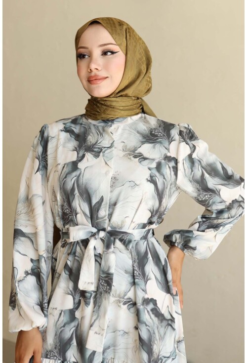 Kadın Desenli Uzun Tesettür Elbise 2586