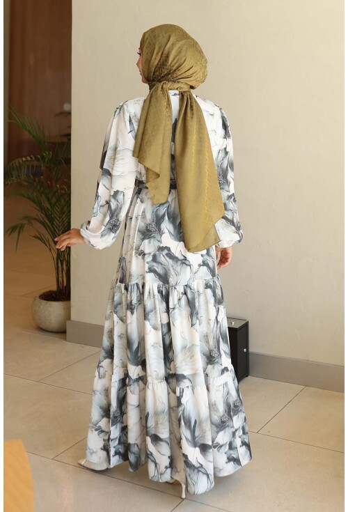 Kadın Desenli Uzun Tesettür Elbise 2586