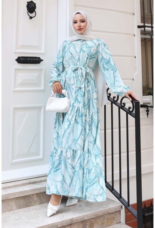 Kadın Desenli Uzun Tesettür Elbise 2586