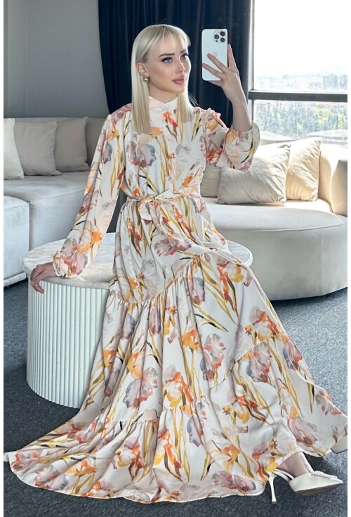 Kadın Desenli Uzun Tesettür Elbise 2586