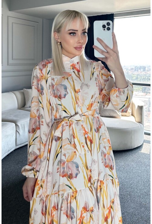 Kadın Desenli Uzun Tesettür Elbise 2586